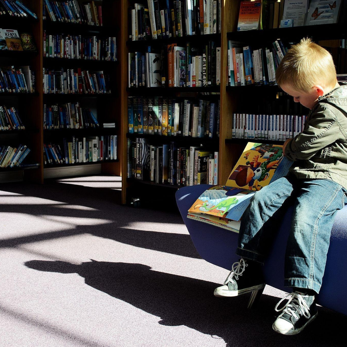 Child sitting in a library - the best affordable homeschooling resource in your town.