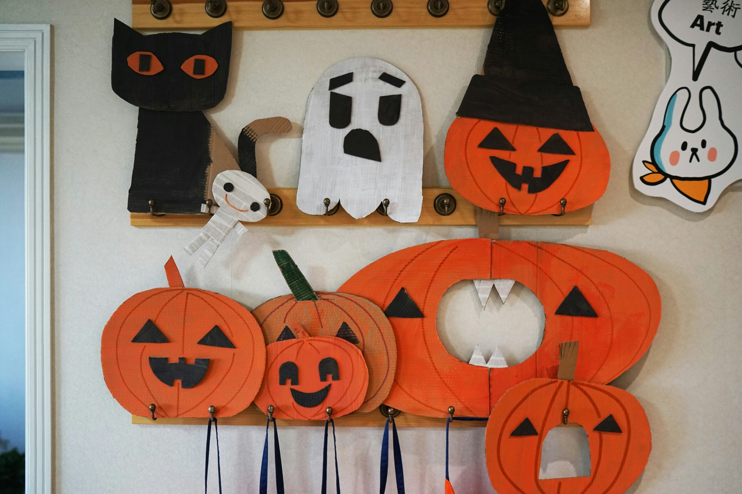 Colorful halloween crafts on a wall